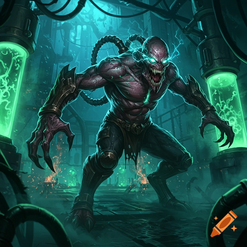 Menacing grey-skinned monster with glowing eyes and sharp claws, connected to tubes, in a dark, teal-lit sci-fi lab.