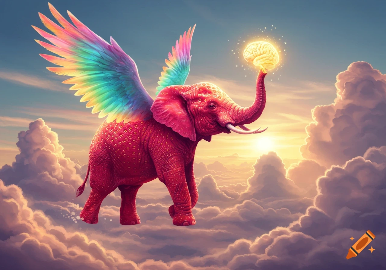 A vibrant red elephant with rainbow wings flies through a sunset sky, holding a glowing brain in its trunk.