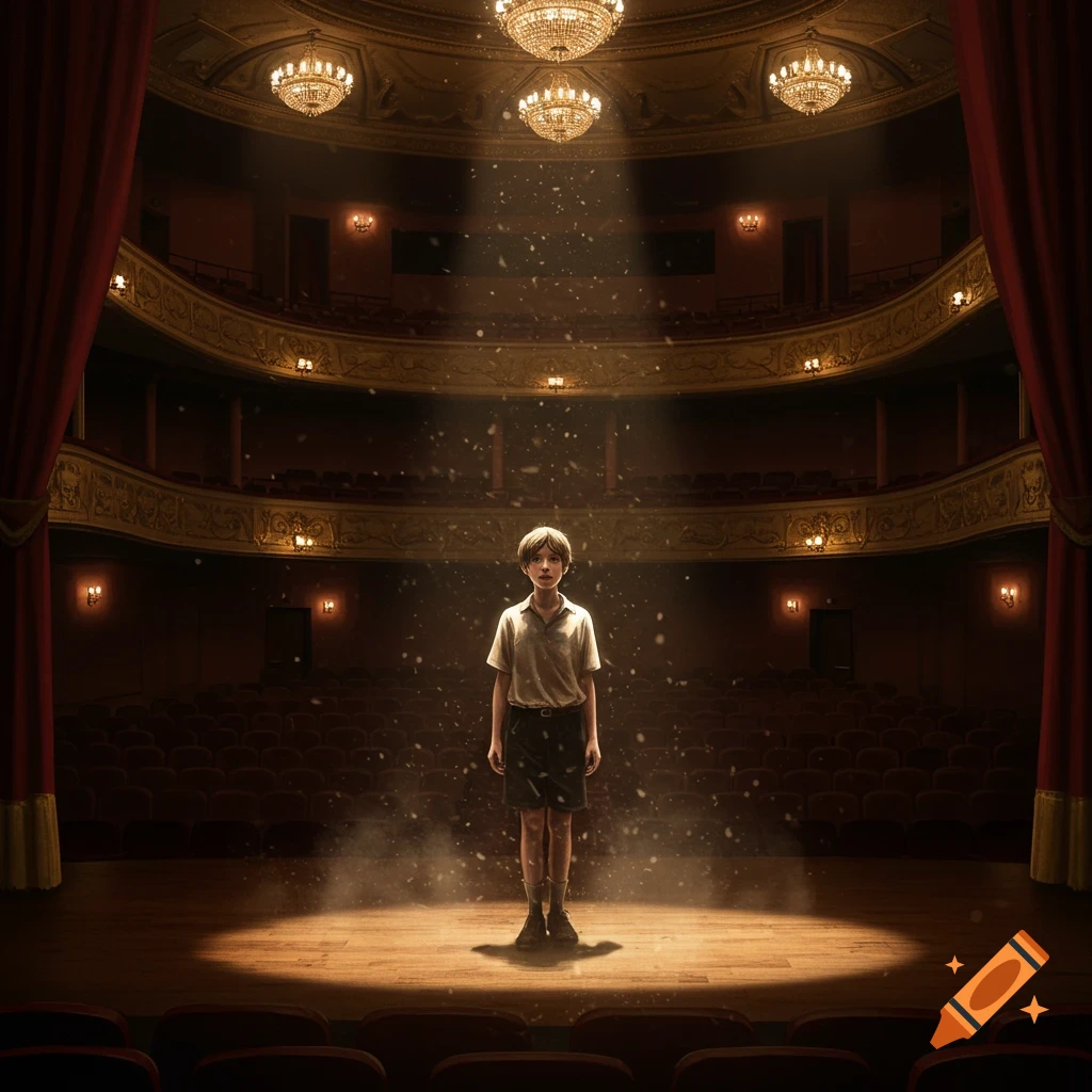 A young boy stands alone under a spotlight on an empty theater stage with red curtains.