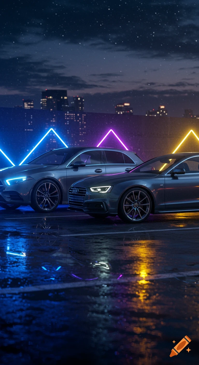 Two sleek grey cars, a Mercedes and an Audi, parked on a wet lot at night with vibrant blue, purple, and yellow neon lights reflecting on the ground and city buildings in the background.