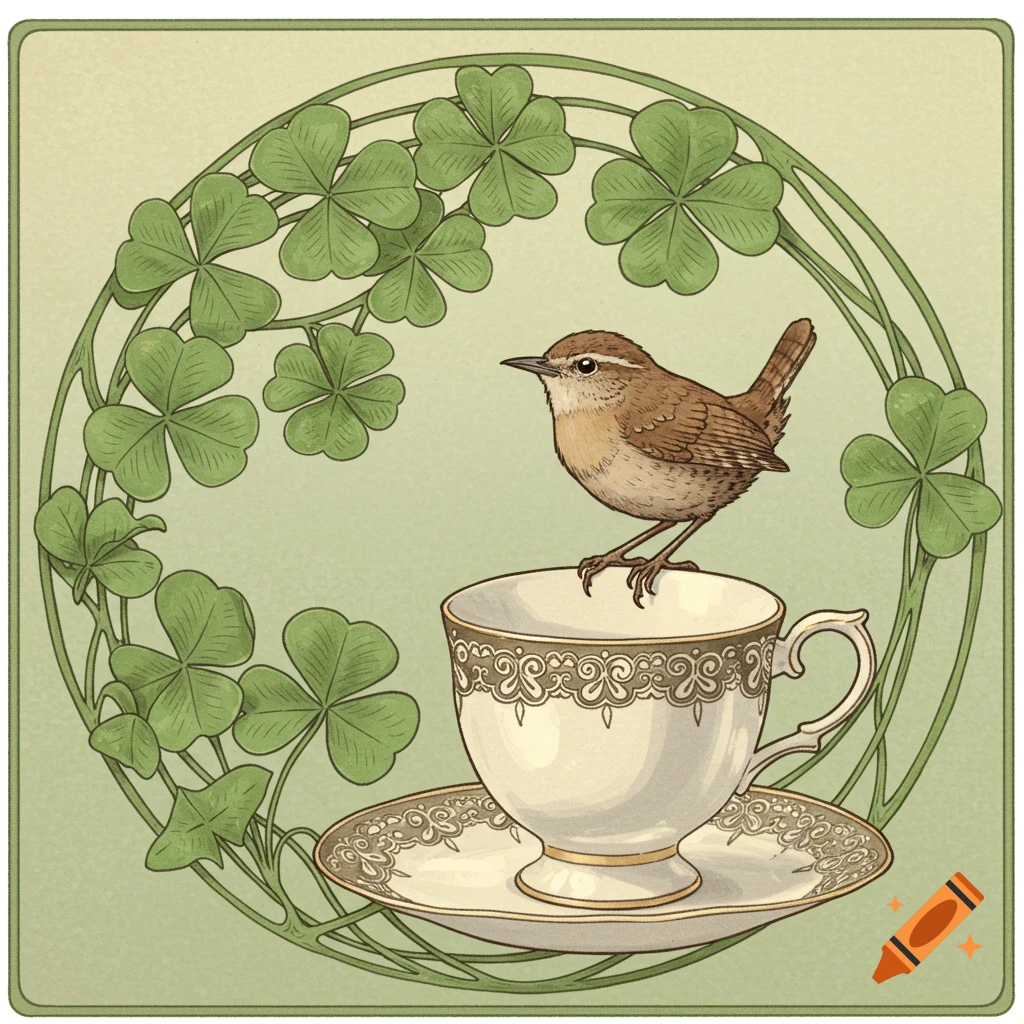 An Art Nouveau illustration of a wren perched on an ornate teacup, surrounded by a swirling border of green clovers.