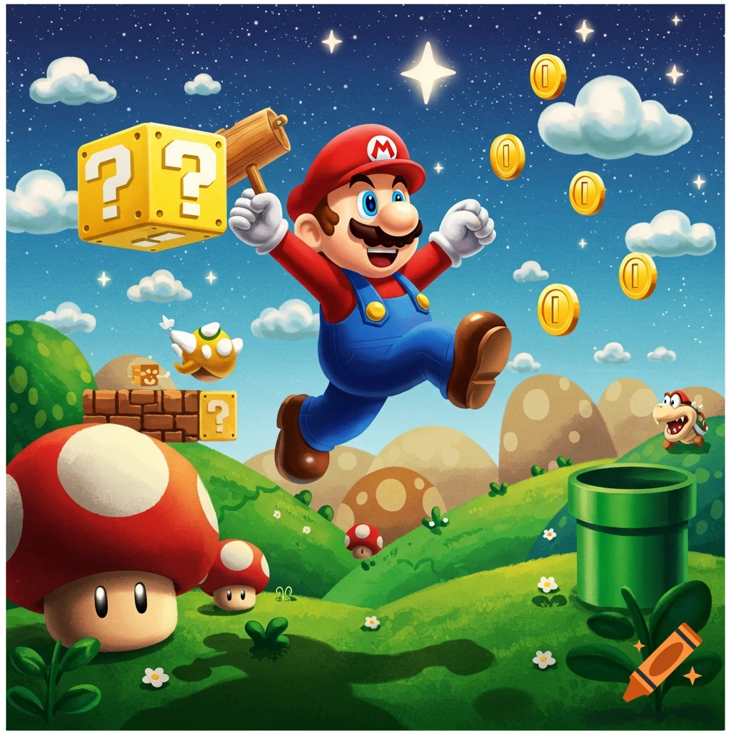 A vibrant, stylized illustration of Super Mario jumping with a hammer near a question block and coins in a green landscape.