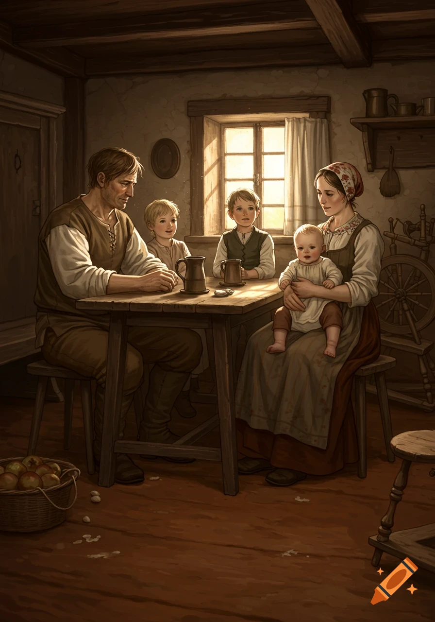 A historical painting of a family with three children sitting around a wooden dining table in a rustic room.