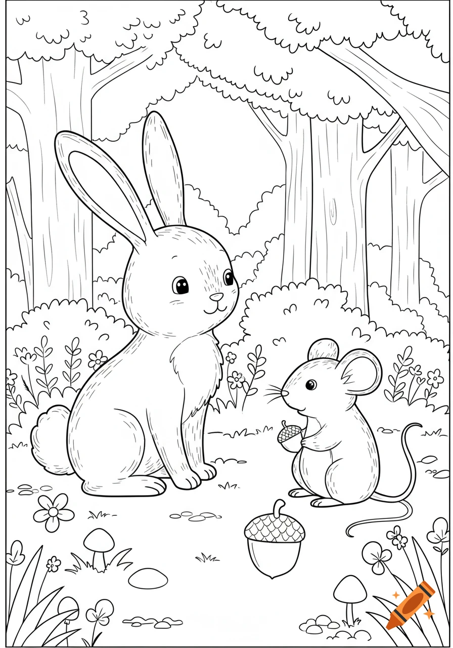 A line art coloring book page for kids showing a rabbit sitting next to a mouse holding an acorn in a forest.