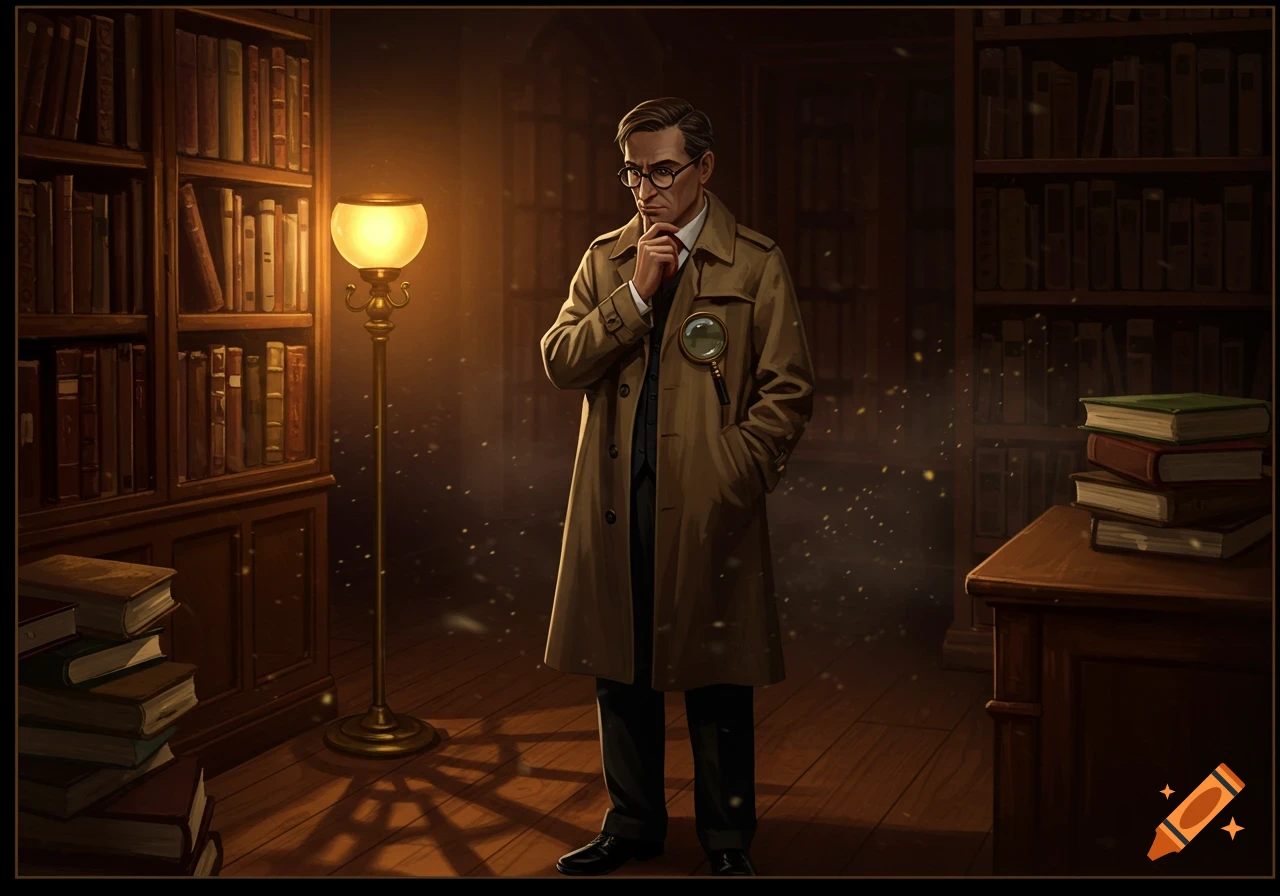A man in a trench coat and glasses, holding his chin thoughtfully, stands in a dimly lit library with tall bookshelves.
