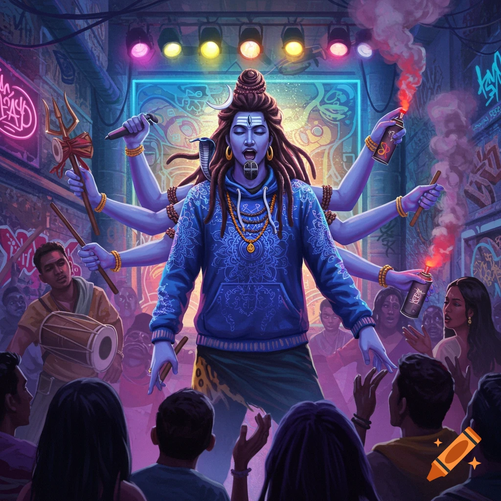 Vibrant digital art of a multi-armed Shiva as a rapper performing on an urban stage, holding a trident, spray cans, and drumsticks.