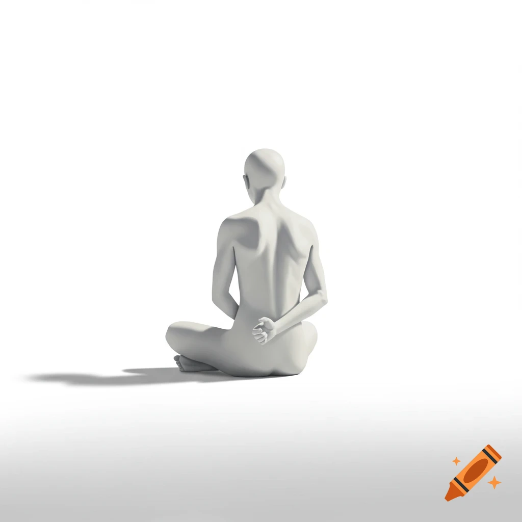 A minimalist, grey, featureless figure sits cross-legged with hands clasped behind its back on a white background.