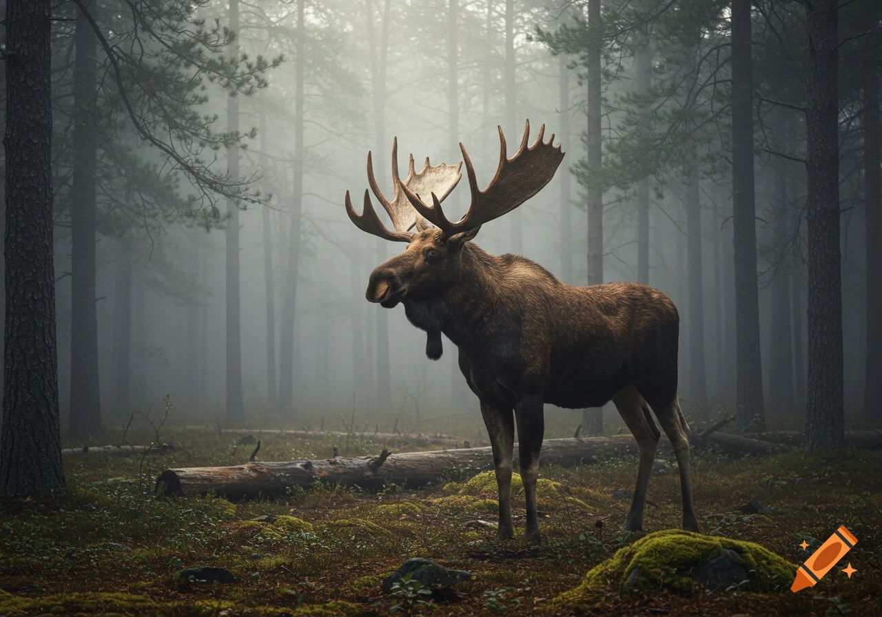 A photorealistic moose with large antlers stands in profile in a misty pine forest with fallen logs and green undergrowth.