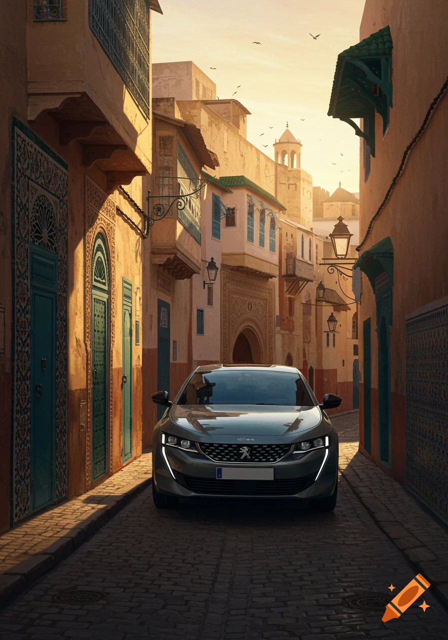 A grey Peugeot 508 car on a cobblestone street in a narrow, sunlit alley of a Casbah with ornate buildings.