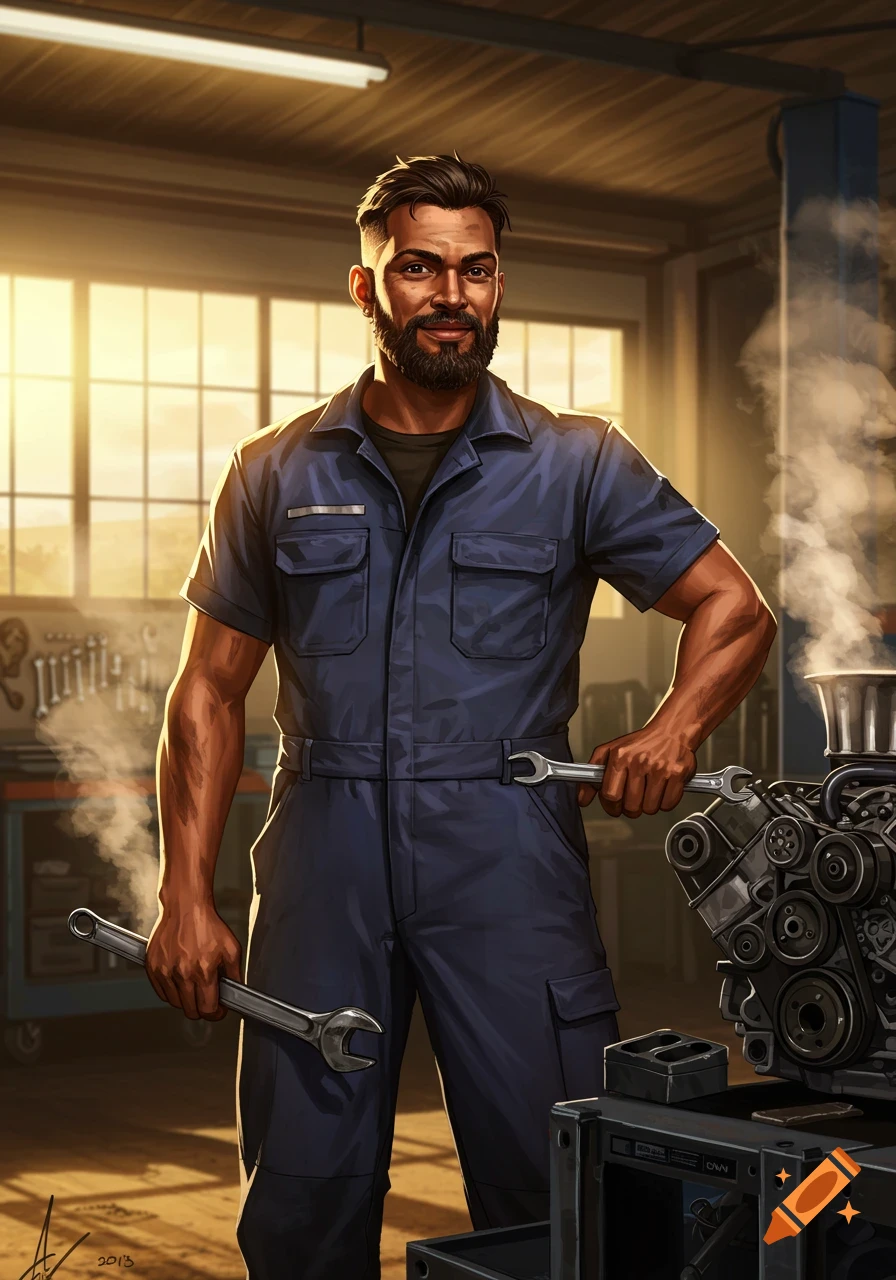 A detailed illustration of a smiling male mechanic holding wrenches in a sunlit garage next to an engine.