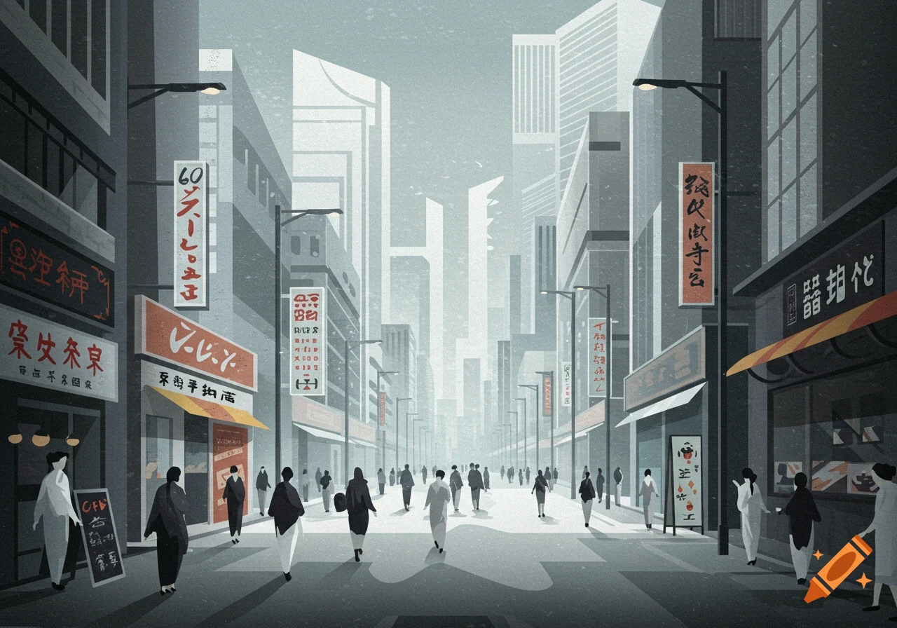 Ukiyo-e style cityscape with modern buildings, crowds of people walking down a street, and stylized signs.