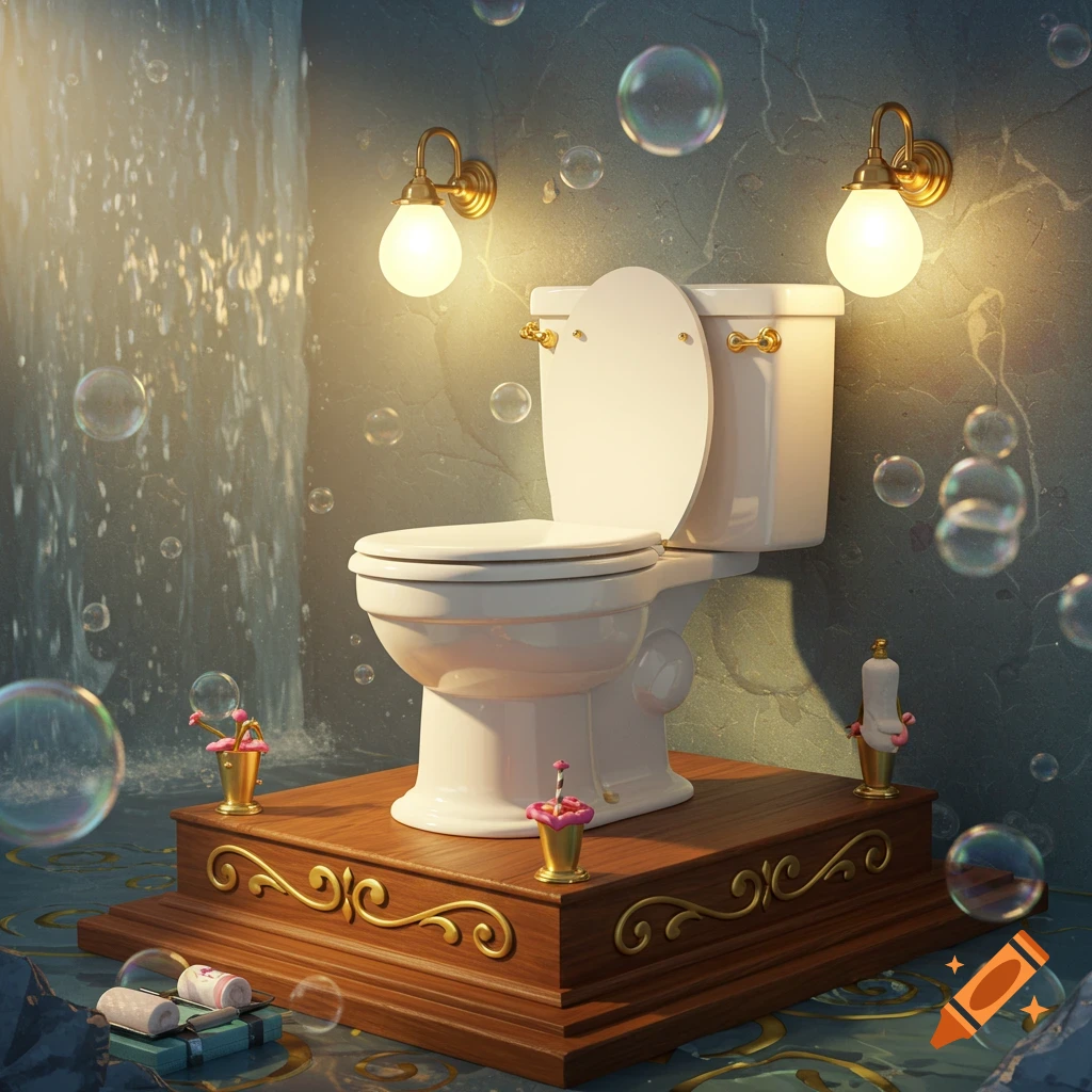 A white toilet on an ornate wooden pedestal, lit by wall sconces, surrounded by soap bubbles and a cascading waterfall.