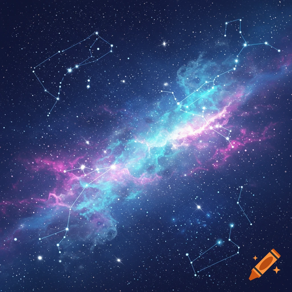 A dark blue starry night sky with vibrant pink and teal nebulas and several white constellations connected by thin lines.