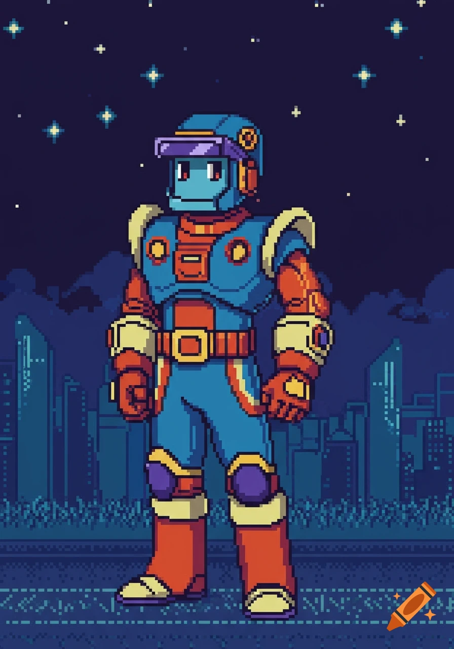 A colorful retro pixel art robot character in blue and red armor stands against a dark blue pixelated city skyline under a starry night sky.