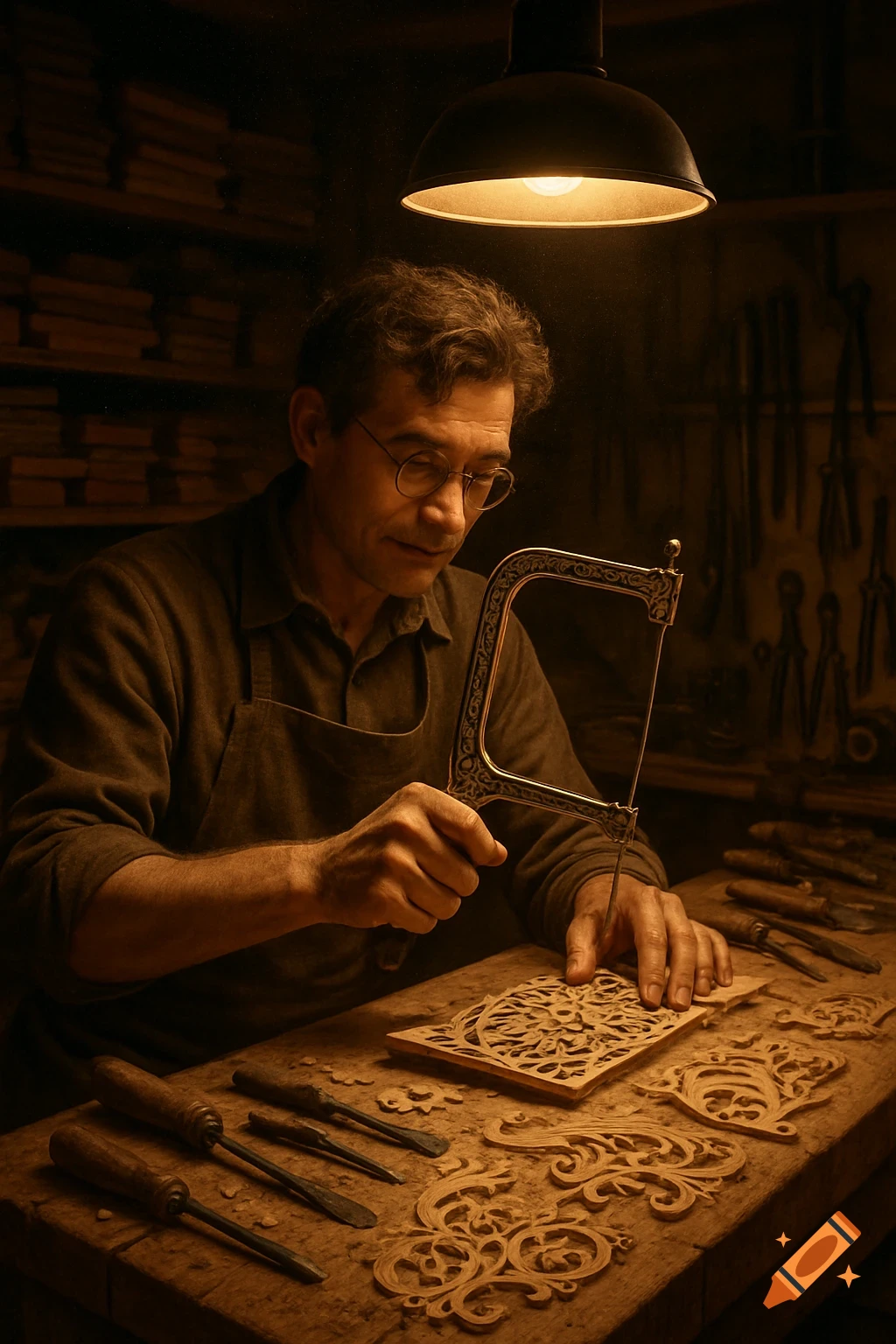 A man with glasses meticulously carves intricate patterns into wood with a fret saw in a dimly lit workshop, photorealistic.