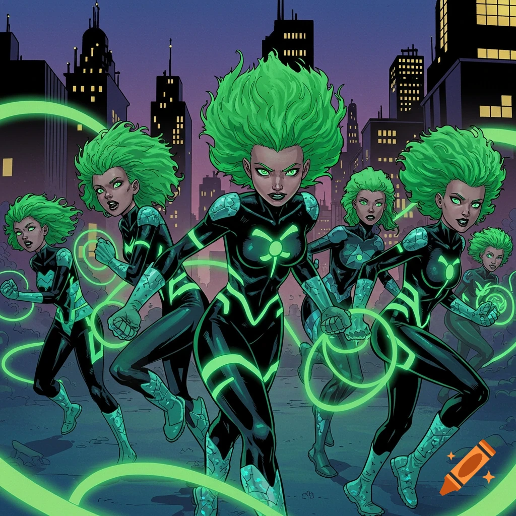 Multiple female superheroes with vibrant green hair in black suits with glowing green accents and energy, standing in a city at dusk, comic art style.