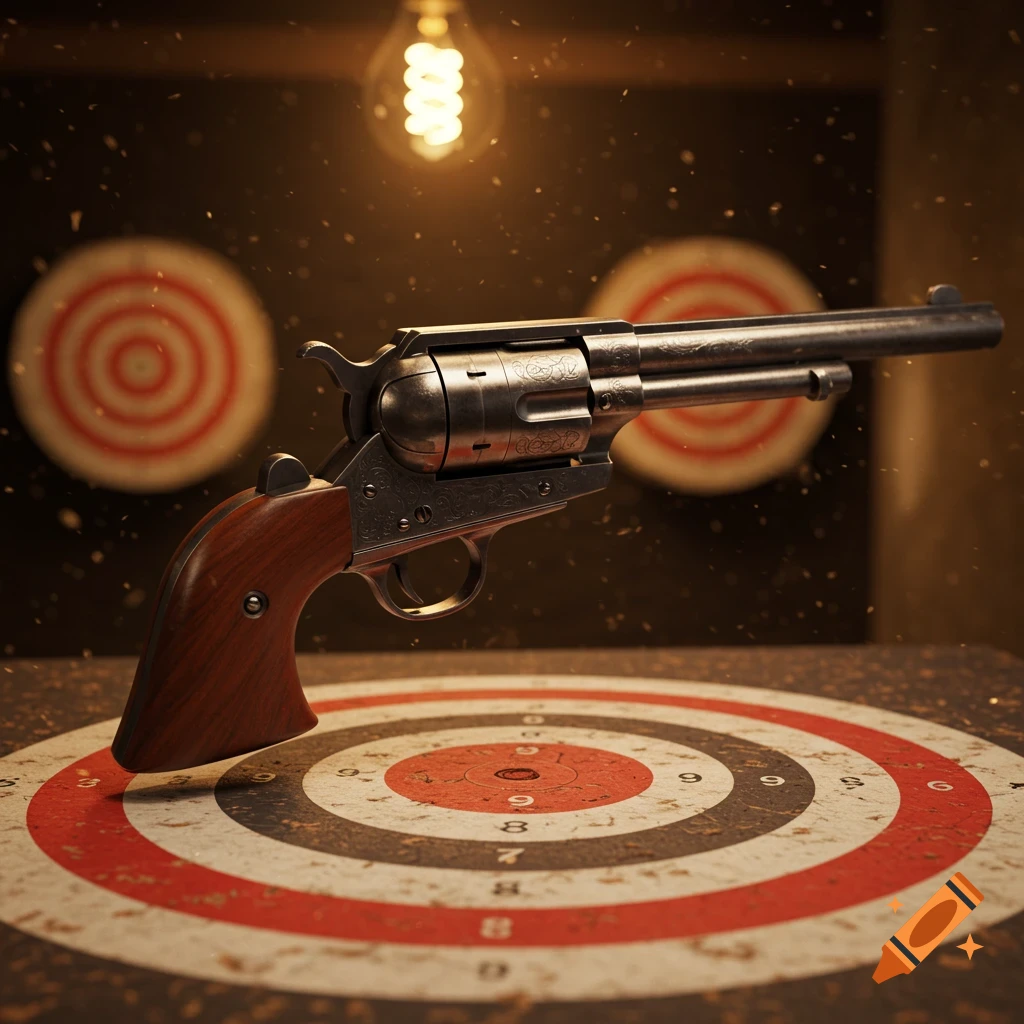A detailed close-up of a vintage revolver with a wooden handle resting on a paper bullseye target, with a glowing light bulb and other targets in the background.