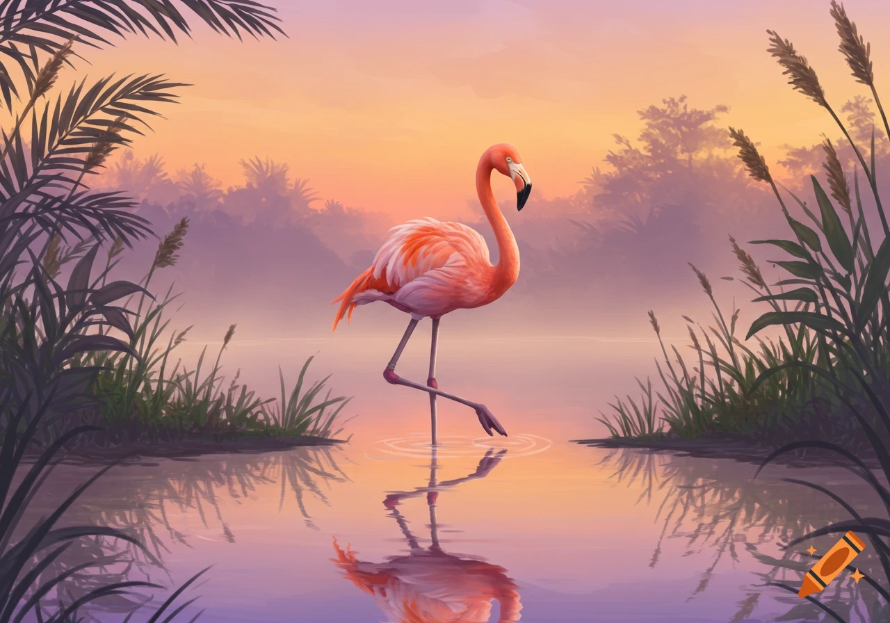 A vibrant pink flamingo stands on one leg in calm water, reflecting the sunset sky over a lush tropical wetland. Digital illustration.