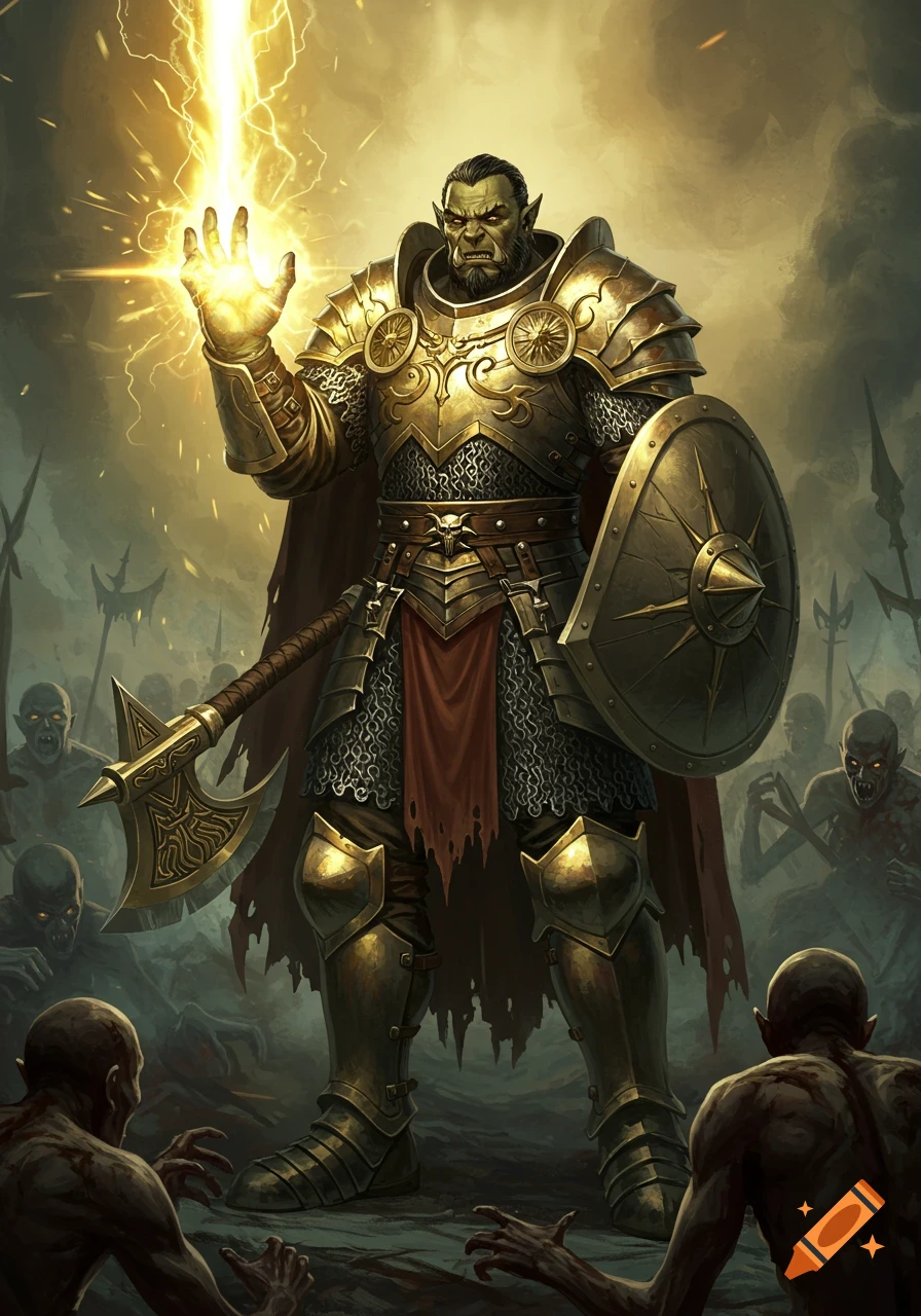 An armored half-orc paladin casts lightning, battling vampires with an axe and shield in a dark fantasy setting.