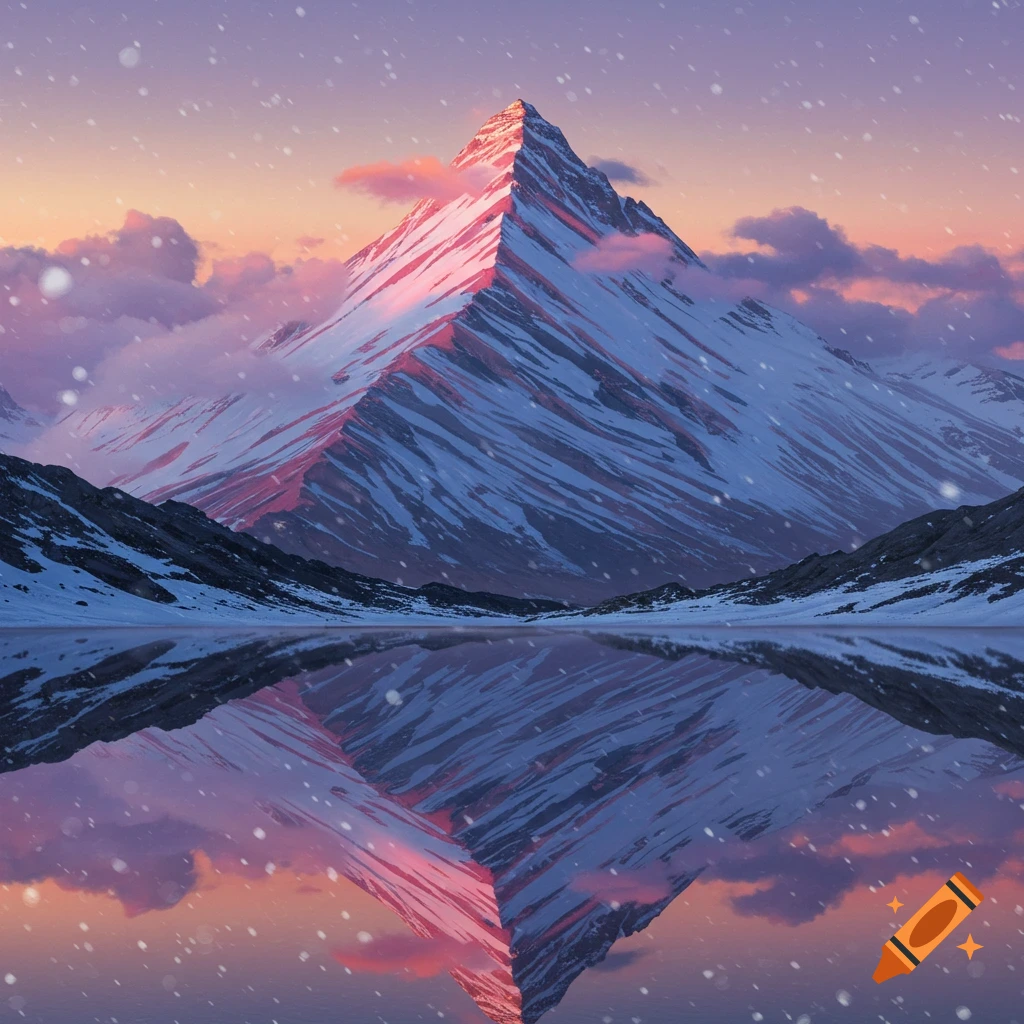 A majestic snow-capped mountain reflects in a calm lake under a colorful twilight sky with falling snow.