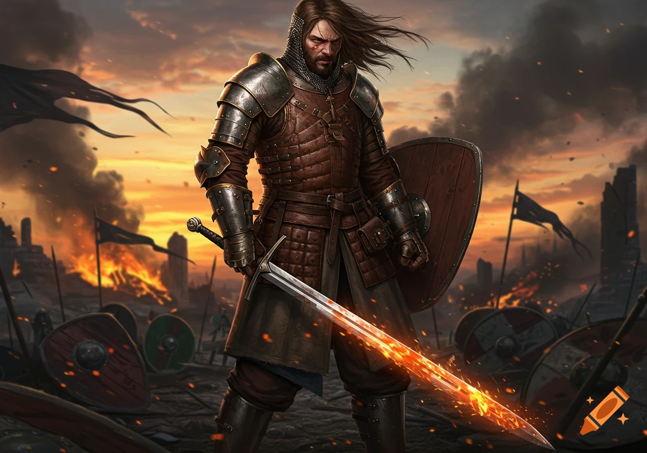 A medieval warrior in leather and plate armor stands on a burning battlefield at sunset, holding a glowing, flaming sword and a wooden shield.