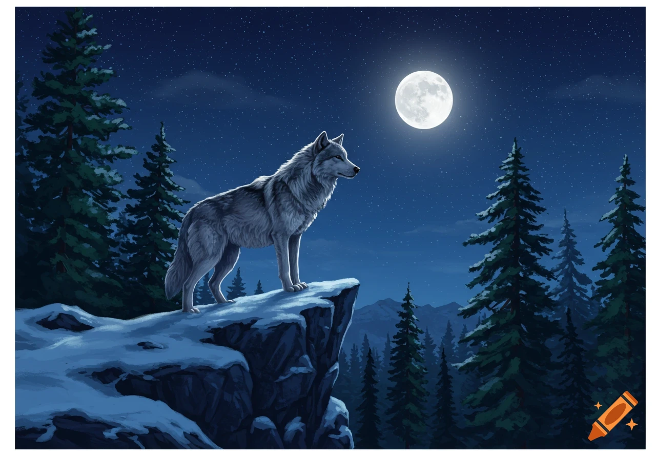 An illustrative grey wolf stands on a snowy cliff at night, looking towards a bright full moon with pine trees and a starry sky.