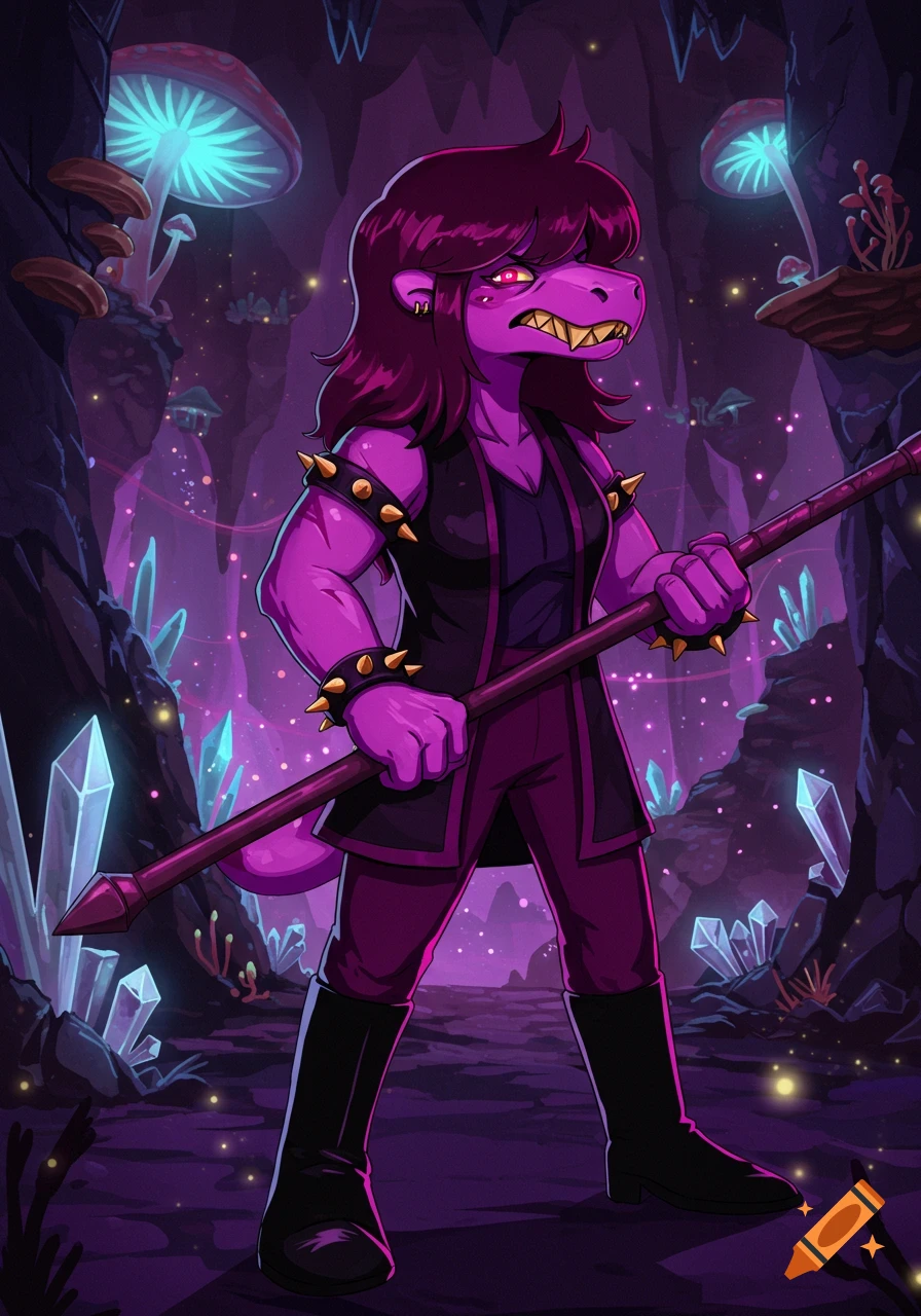 A purple, reptilian-like character with sharp teeth and spiky armbands stands in a glowing crystal cave, holding a staff.