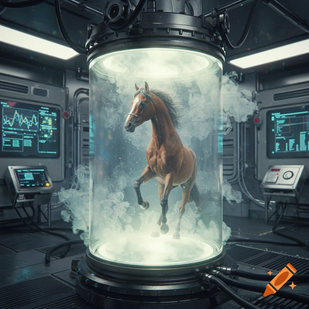 A brown horse stands in a glass containment chamber filled with smoke in a futuristic lab.