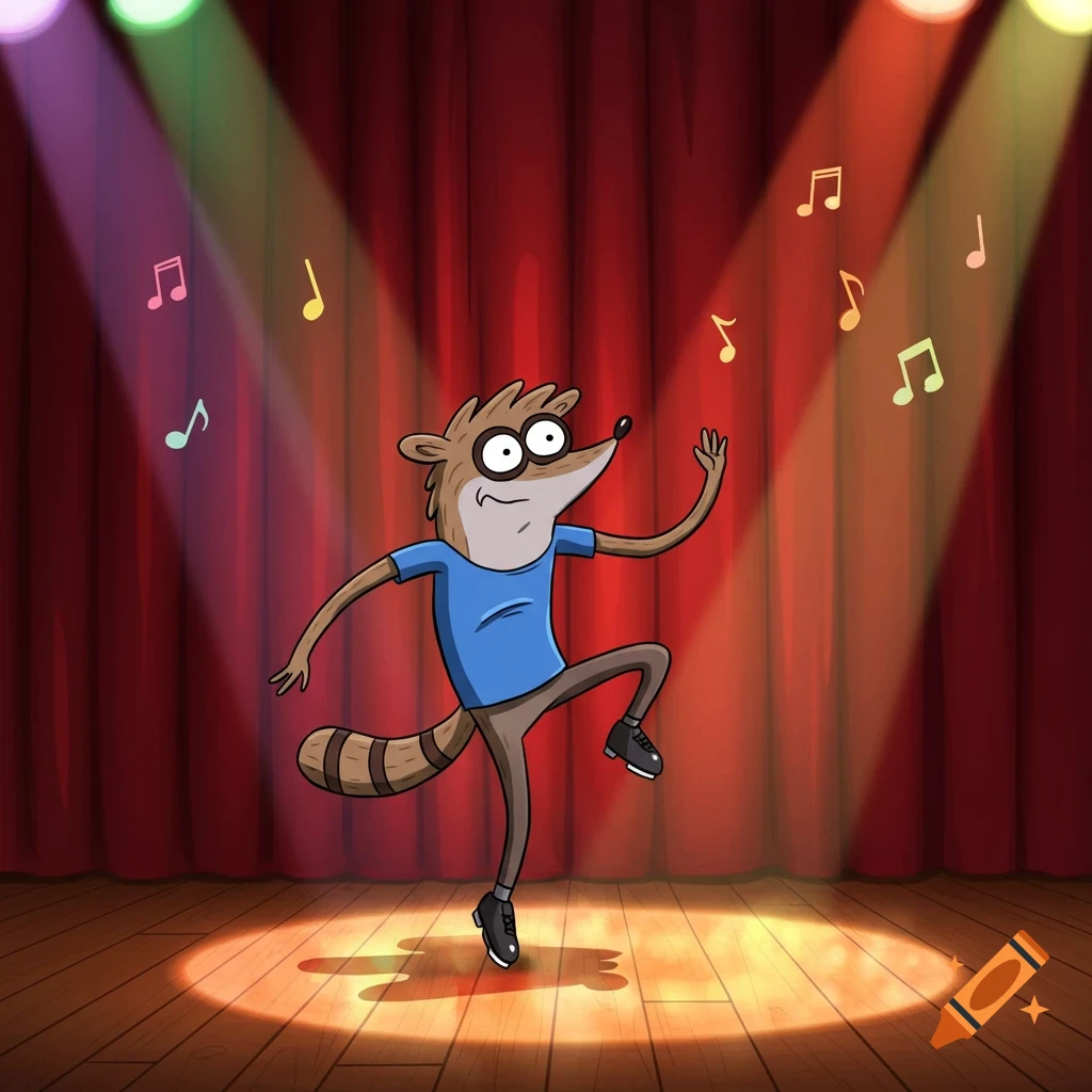 Rigby from Regular Show tap dancing on a spotlighted stage with musical notes.