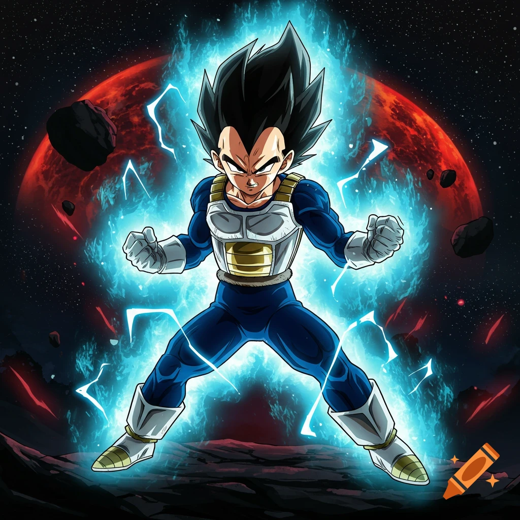 Anime style Kid Vegeta powering up with a blue aura, a red planet and asteroids in the background.