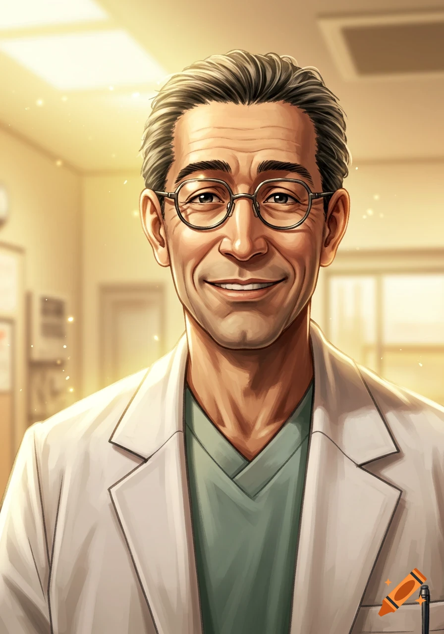 A smiling male doctor with gray hair and round glasses wears a white lab coat over green scrubs in a brightly lit, blurred hospital setting.