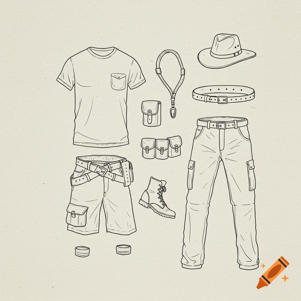 Line art illustration of explorer's clothing and accessories, including a t-shirt, shorts, cargo pants, hat, boots, belts, and pouches.