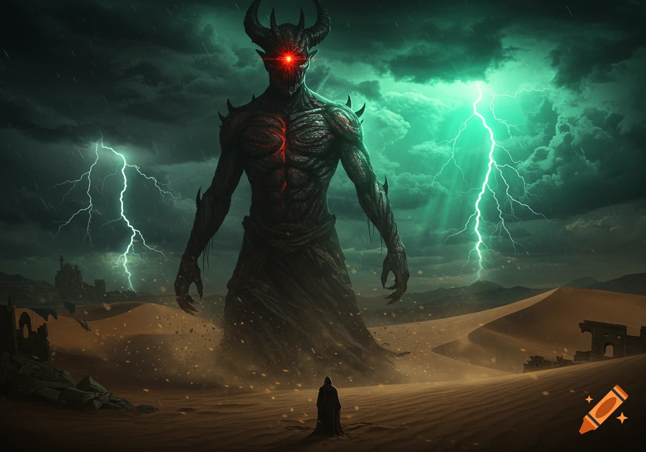A colossal horned demon with glowing red eyes and chest towers over a cloaked figure in a stormy desert with green lightning.