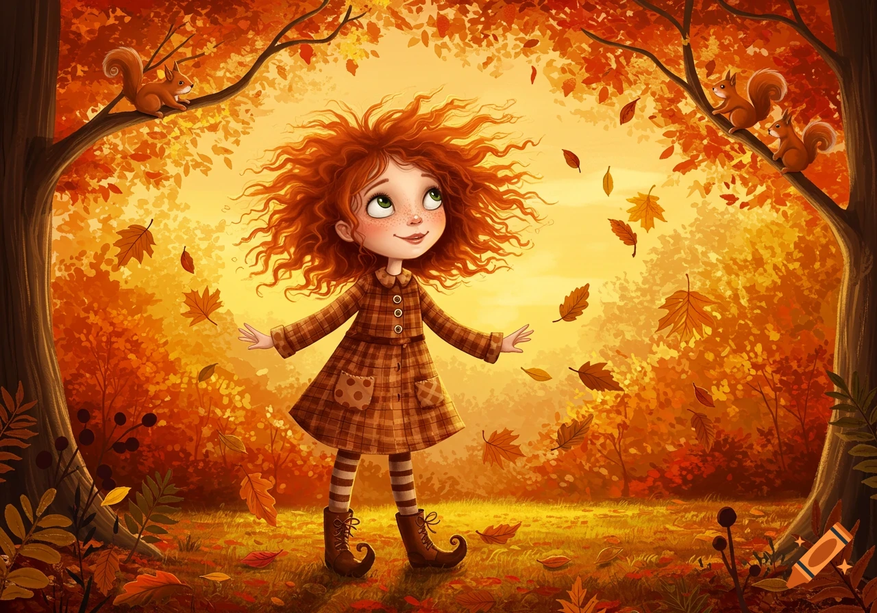 A whimsical red-haired girl with a plaid dress stands in a vibrant autumn forest with falling leaves and squirrels on trees, illustration.