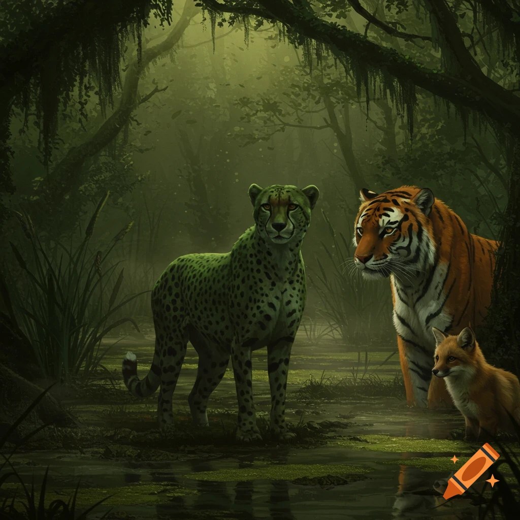 A green cheetah, a tiger, and a fox stand in a misty, dark green swamp forest with lush foliage.