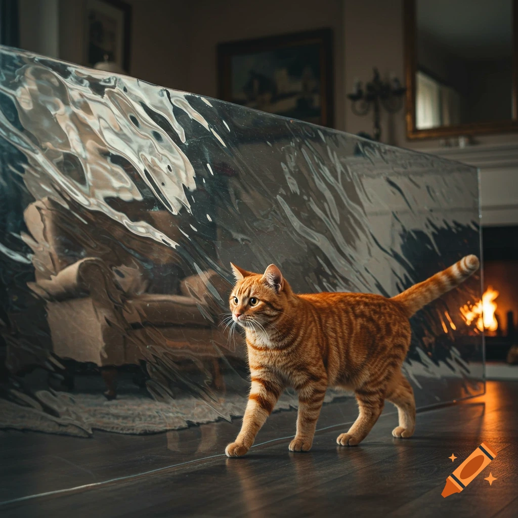 A photorealistic ginger cat walks indoors past a wavy transparent barrier reflecting a blurred room.