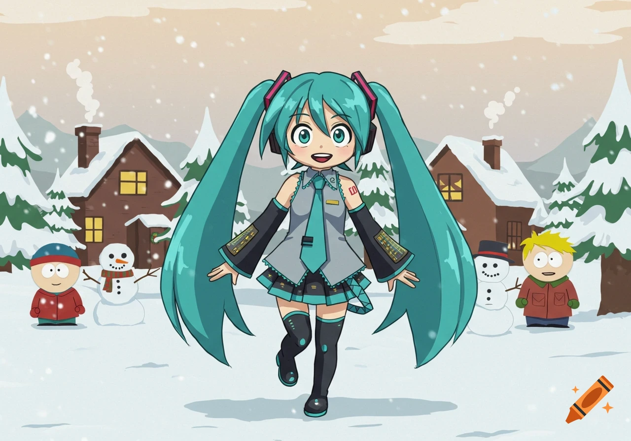 Hatsune Miku rendered in South Park style stands in a snowy village with Cartman and Butters.