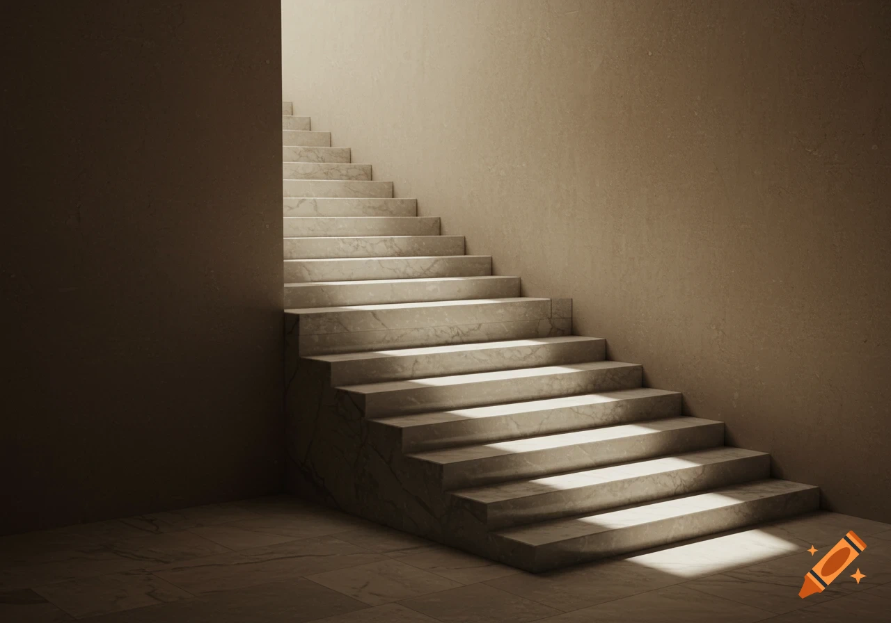 A set of minimalist marble stairs illuminated by sunlight in a dimly lit room, creating strong shadows.