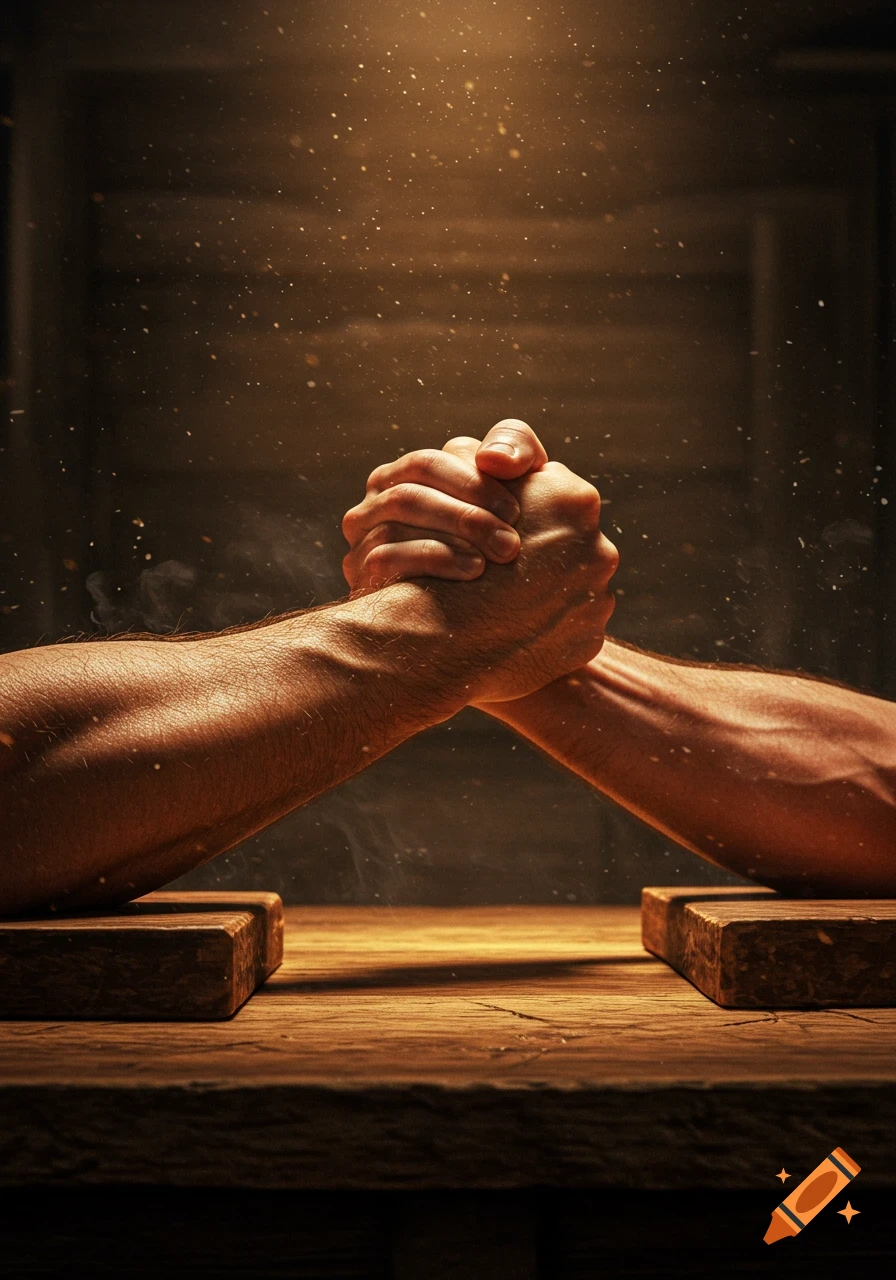 Two muscled hands arm wrestle on a wooden table, illuminated by a spotlight with dust particles in a dramatic, dark setting.