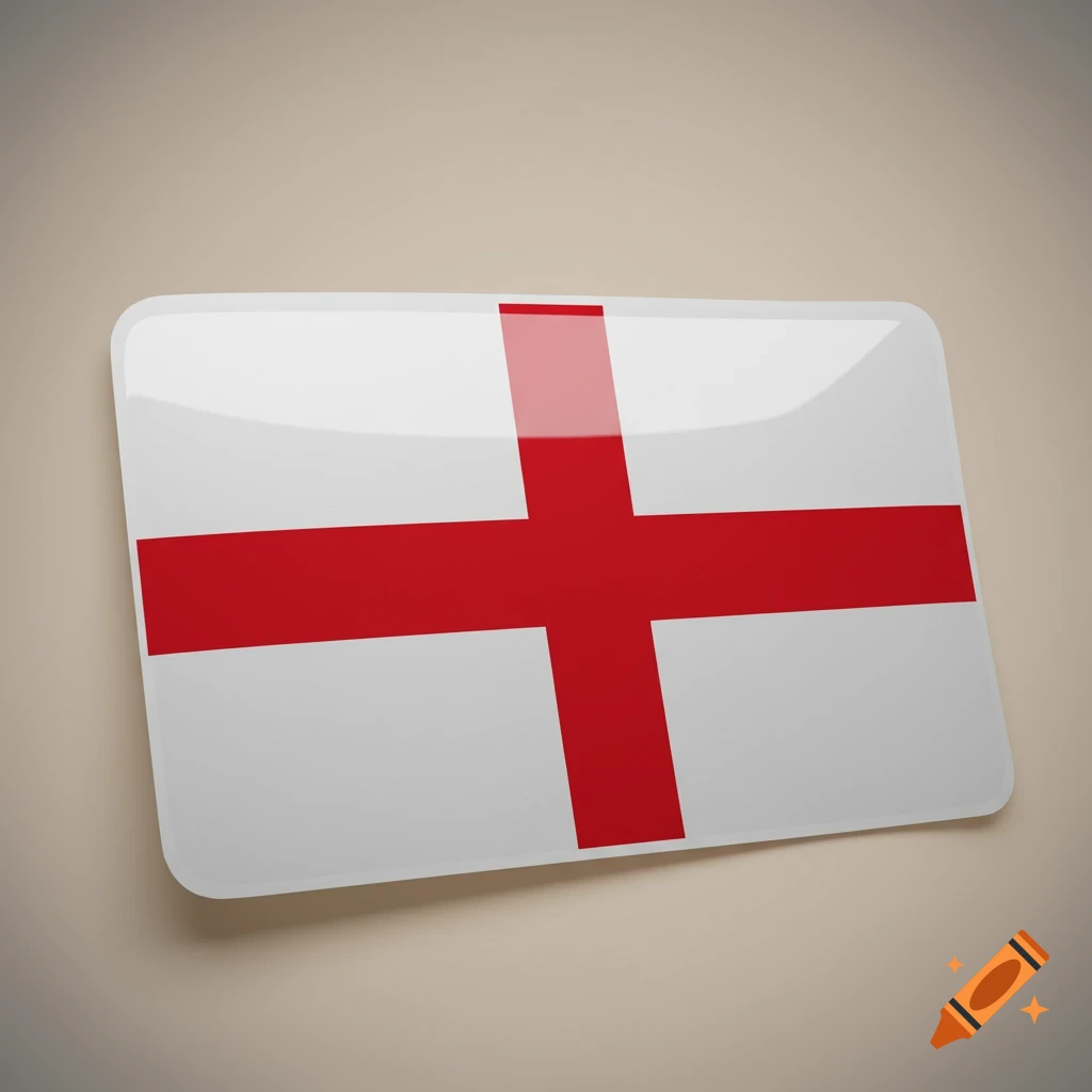 A photorealistic sticker of the English flag, featuring a red St. George's cross on a white background, resting on a beige surface.
