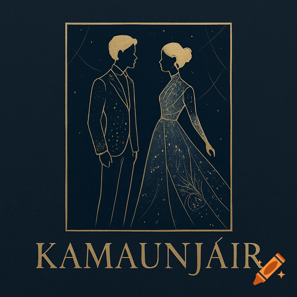 Elegant gold line art logo on dark blue, featuring a stylized man and woman facing each other within a rectangle, with 'KAMAUNJAIR' below.
