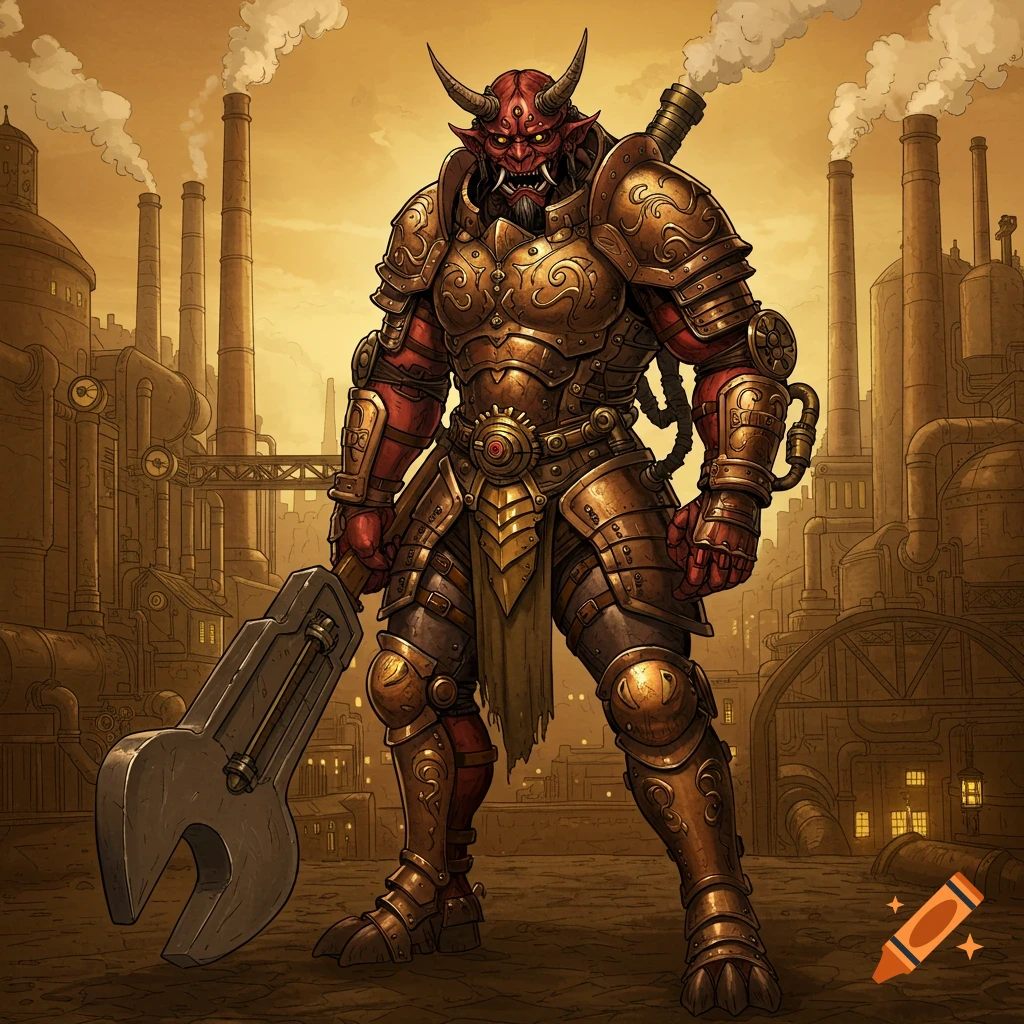 A red-skinned, horned Oni in ornate gold and bronze steampunk armor holds a large wrench in front of a sprawling industrial factory with smoking chimneys.