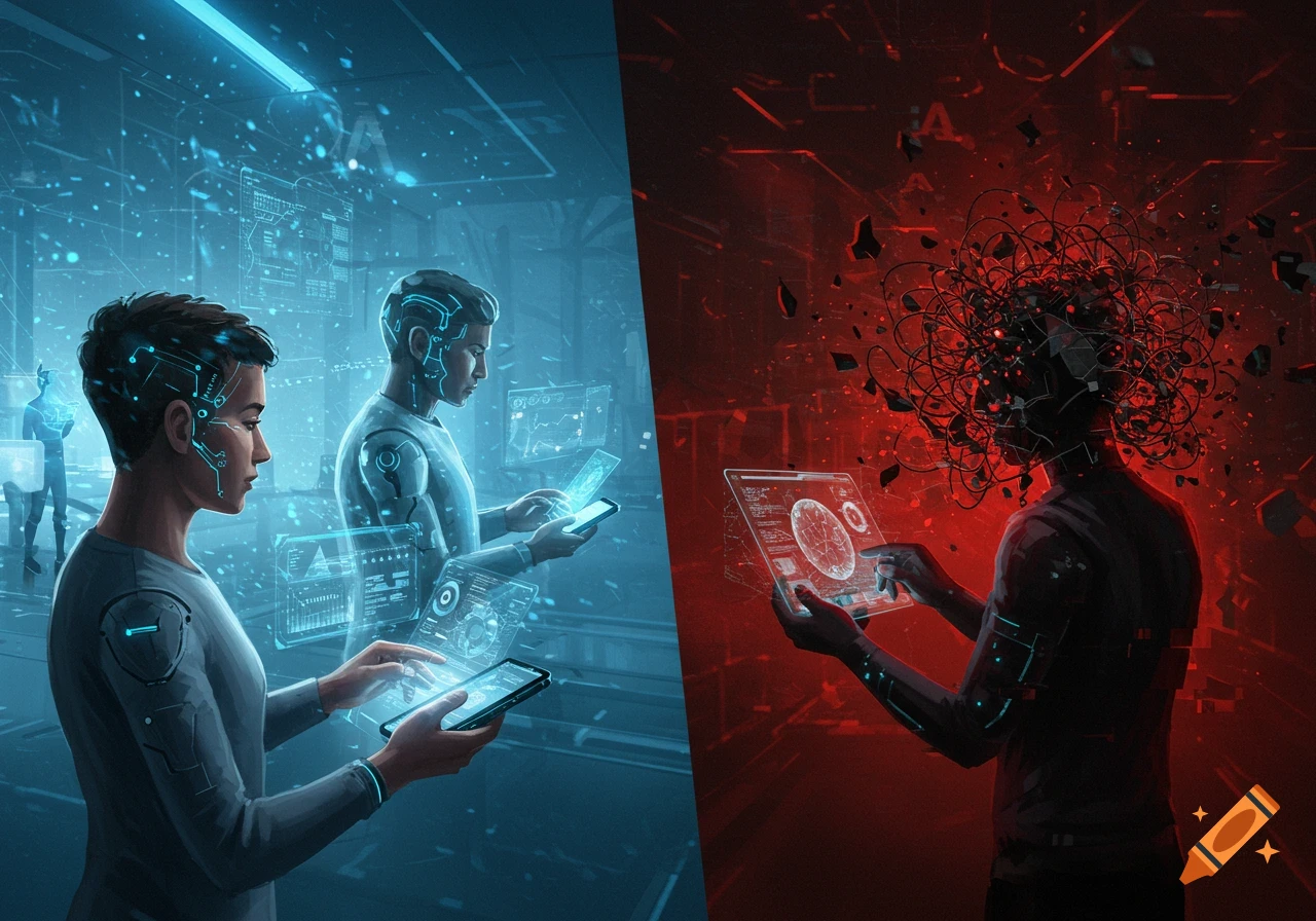 Split image showing two conceptual uses of AI: a blue side with people calmly interacting with holographic interfaces, and a red side with a person whose head is chaotic wires and broken fragments, interacting with a screen.
