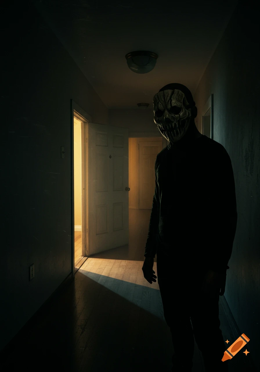 A person wearing a skull-like mask stands in a dark hallway, illuminated by light from an open door.