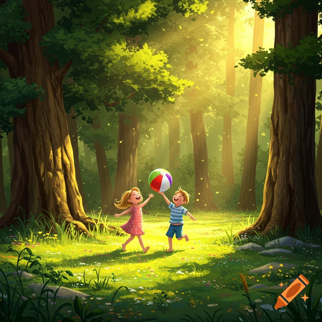 A smiling boy and girl play with a colorful beach ball in a sunlit forest clearing, illustrated in a cartoon style.