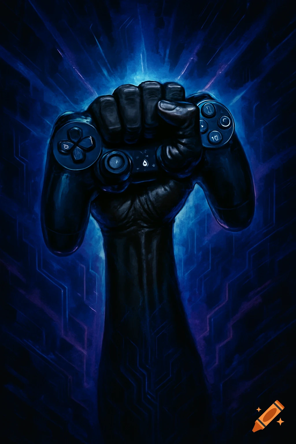A dark, stylized fist clenches a black PlayStation controller against a glowing blue circuit board background.