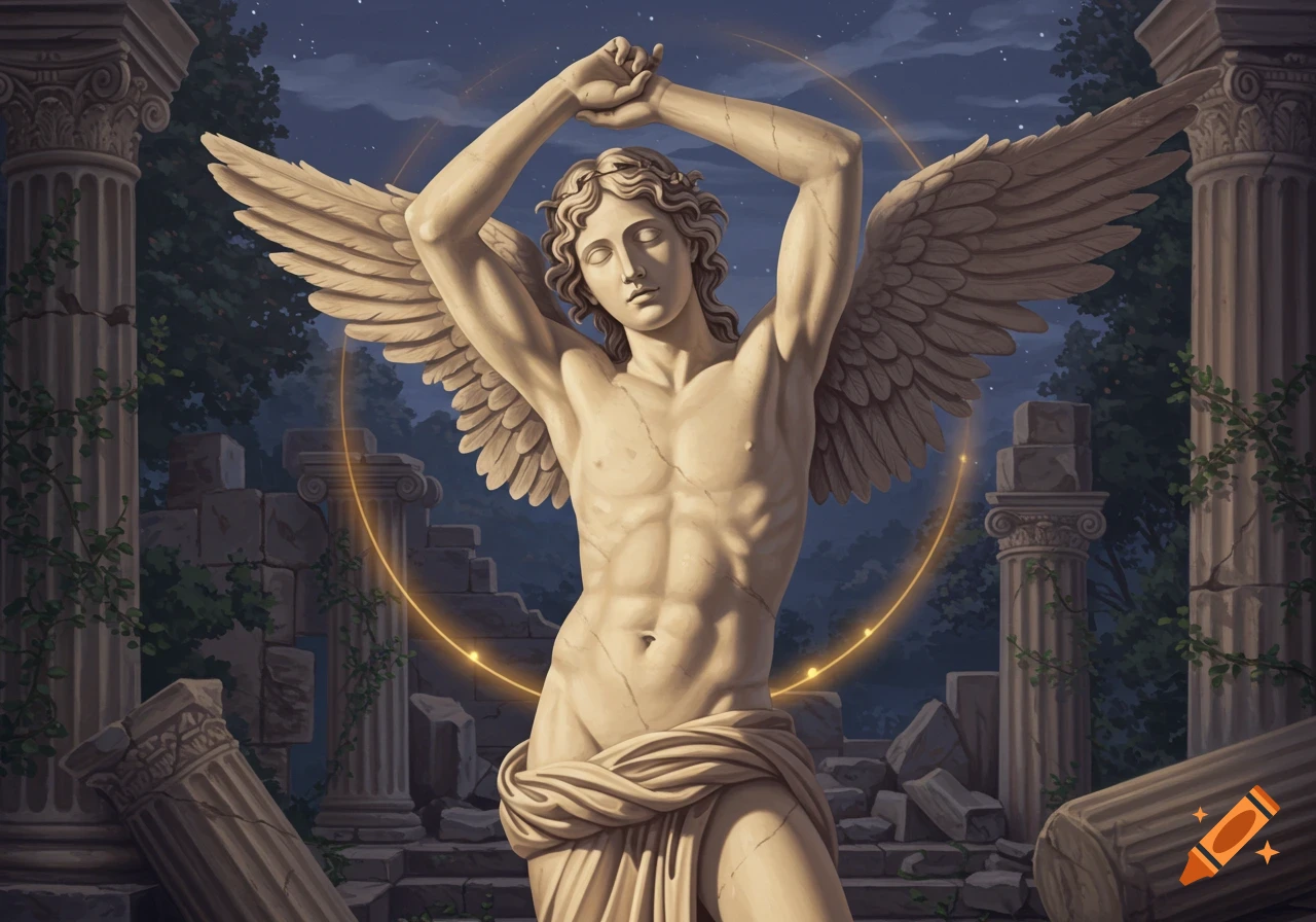 A winged male classical statue stands with raised arms amidst ancient ruins under a starry night sky, encircled by a glowing golden arc.