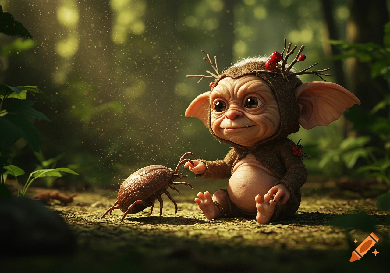 A cute, smiling, big-eared gremlin-like creature in a forest reaching for a large brown insect.