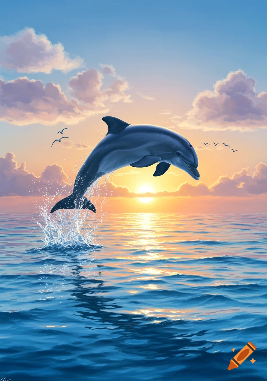 A dolphin leaps from the ocean at sunset, with a vibrant sky and fluffy clouds in the background.