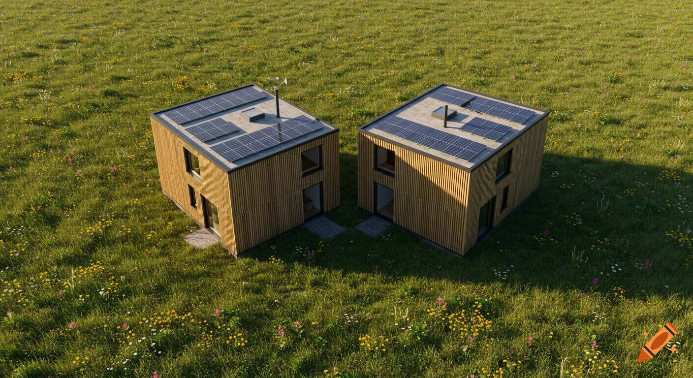 Aerial view of two modern tiny houses with wooden facades and solar panels, joined at a corner in a green field with wildflowers.